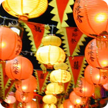 New Year lanterns above a crowd of people in Nagasaki, Japan